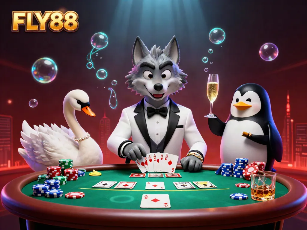 FLY88's vibrant illustration showcases a thrilling baccarat scene with characters and dynamic casino elements.