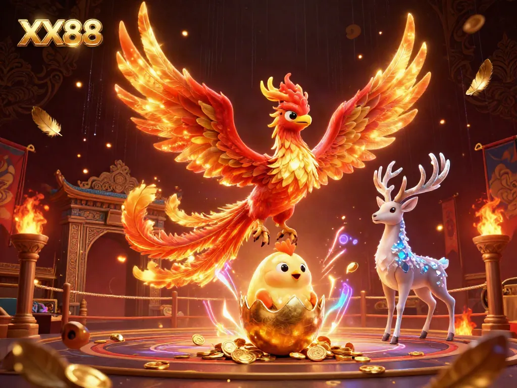 Experience the thrill at XX88, featuring a fiery phoenix and a mystical stag in a captivating casino scene.