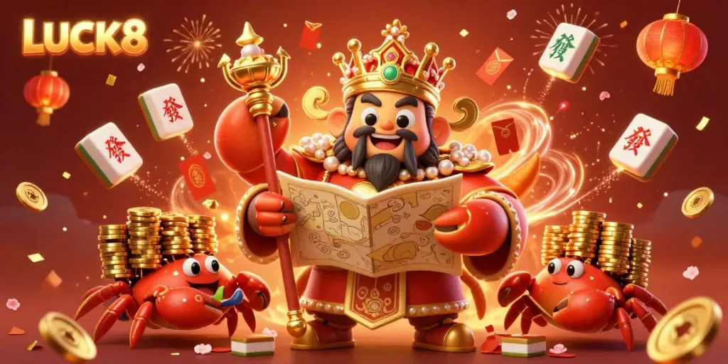 LUCK8 galore as the golden crab emperor celebrates riches with festive symbols in a vibrant casino illustration.