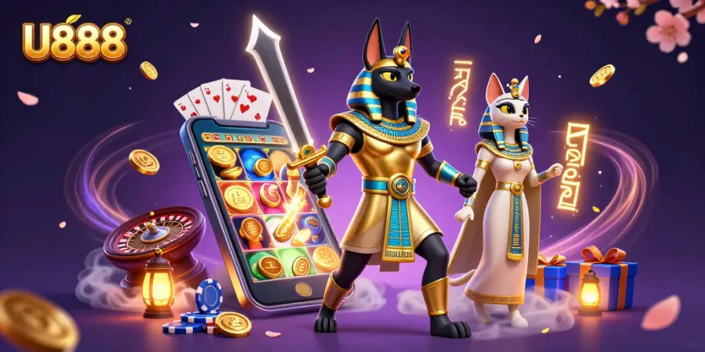 Experience the excitement of U888 with ancient icons and vibrant gaming elements in this dynamic casino scene.