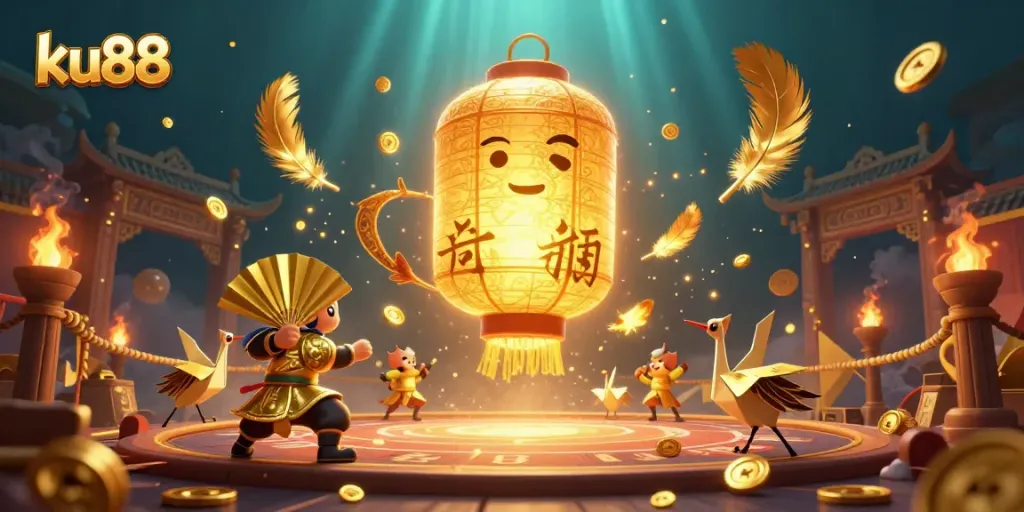 Join the thrilling experience at ku88, where a vibrant casino scene comes alive with golden characters and lucky symbols.