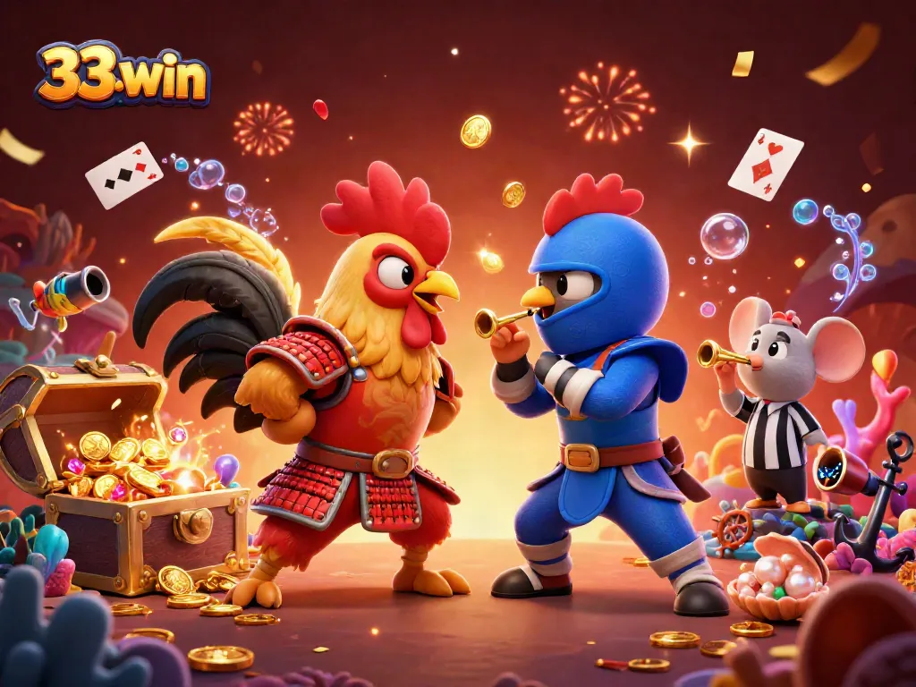 Experience thrilling action with 33-win as cartoon roosters face off in a dynamic casino scene.