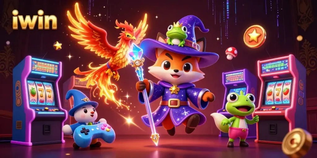 Engage with iwin's immersive gaming experience featuring a mystical wizard fox in a dynamic casino scene.