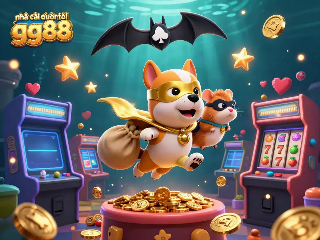 Experience the vibrant energy of nhà cái quốc tế gg88 with this dynamic 3D scene featuring a superhero dog and hamster amidst casino elements.
