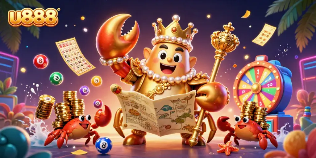 Experience the excitement of u888 with a vibrant cartoon scene featuring a golden crab emperor.