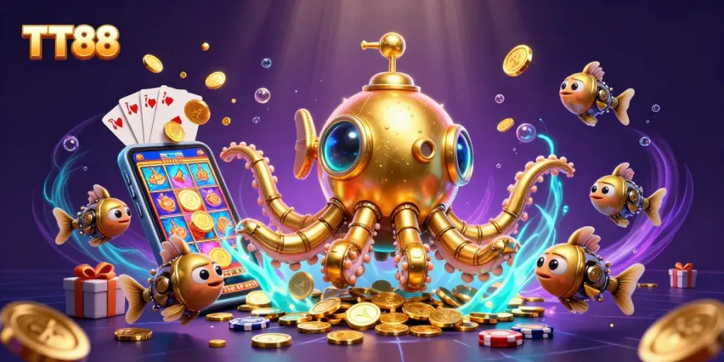 Embark on thrilling adventures at TT88, where a golden kraken submarine reveals riches in vibrant slots and games.
