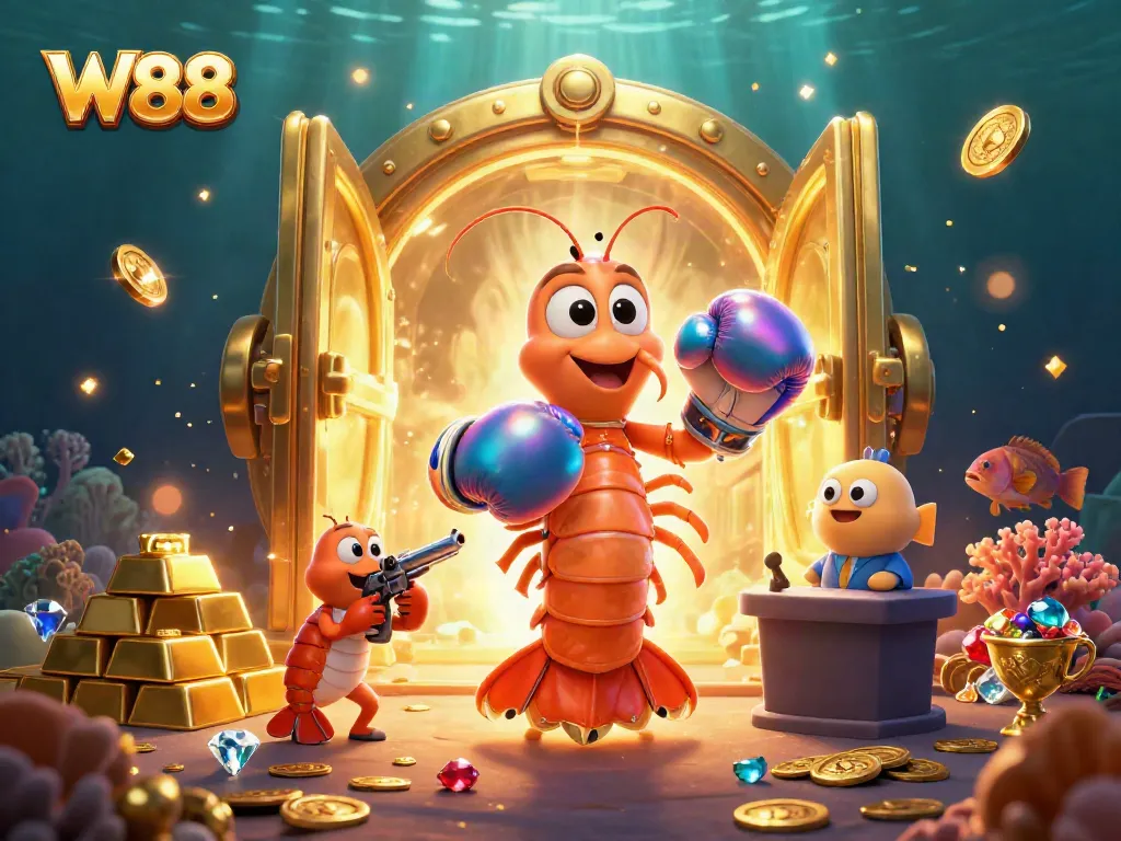 Experience W88's vibrant underwater casino adventure with animated characters and treasure