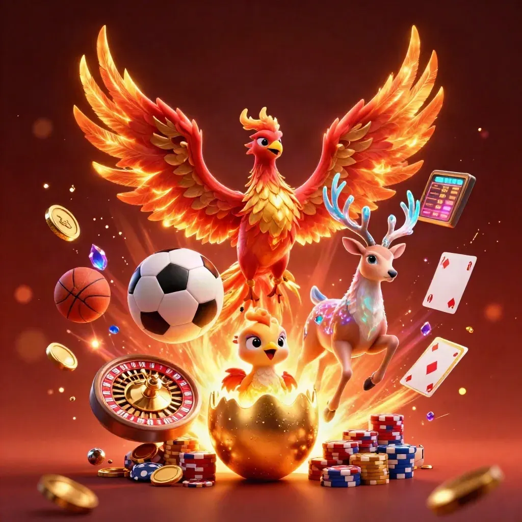 Phoenix trio with casino coins, cards and glowing roulette on a fiery dark backdrop