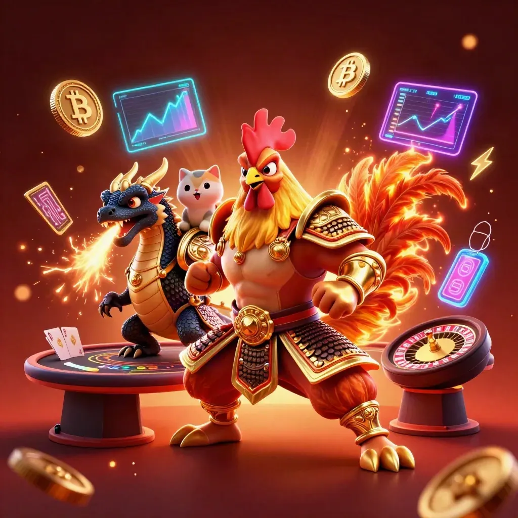 Rooster warrior, dragon hatchling, and fortune-cat amid neon casino effects and glowing coins.