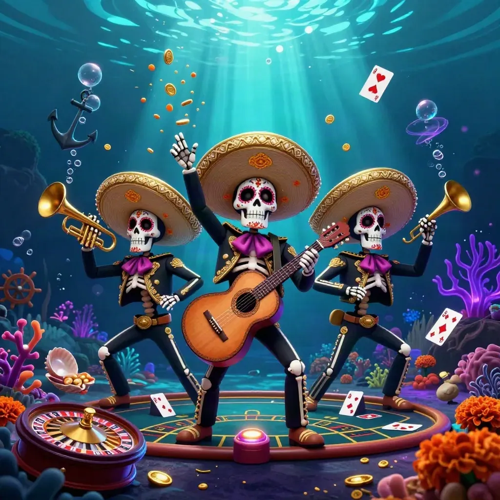 Day-of-the-Dead skeleton mariachi trio in an underwater treasure cove with glowing casino elements