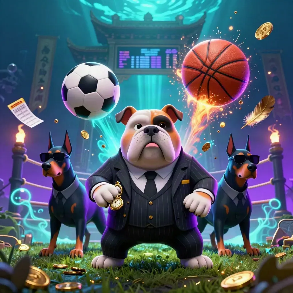 Bulldog mobsters, flying soccer ball and basketball, gold coins, neon cyan-purple casino glow