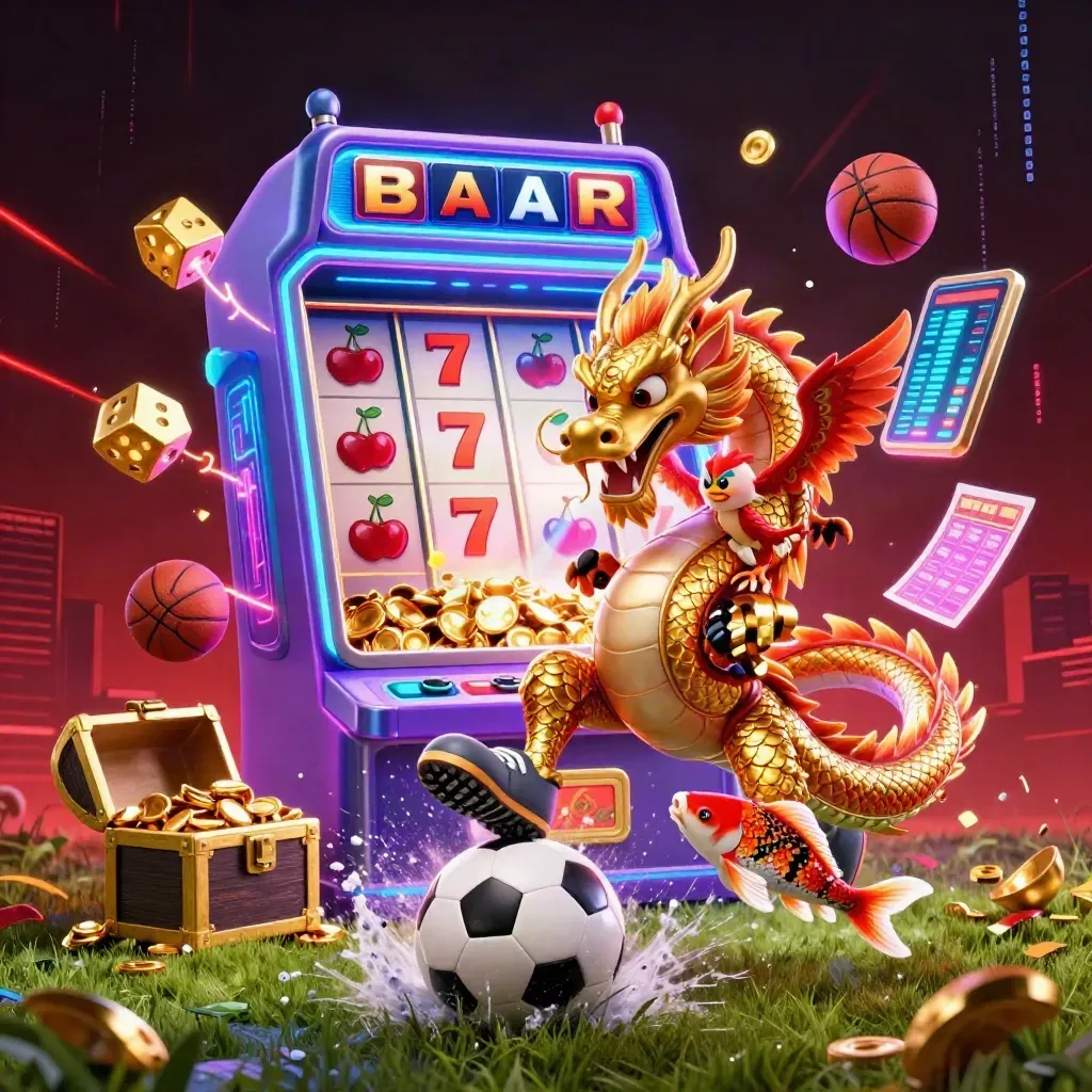 Dragon and slot machine erupt around a football strike in neon casino energy.