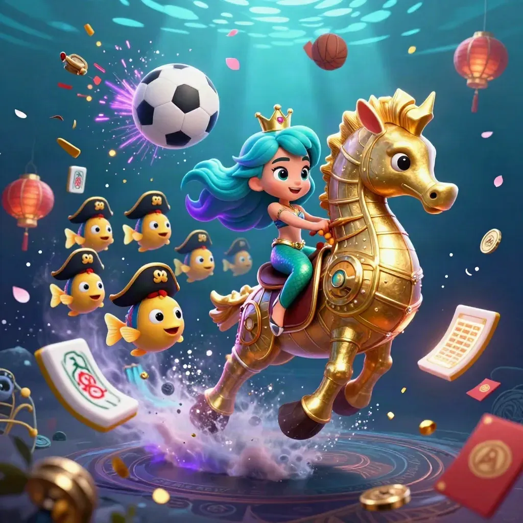Mermaid princess on a golden seahorse amid casino and sports icons underwater.