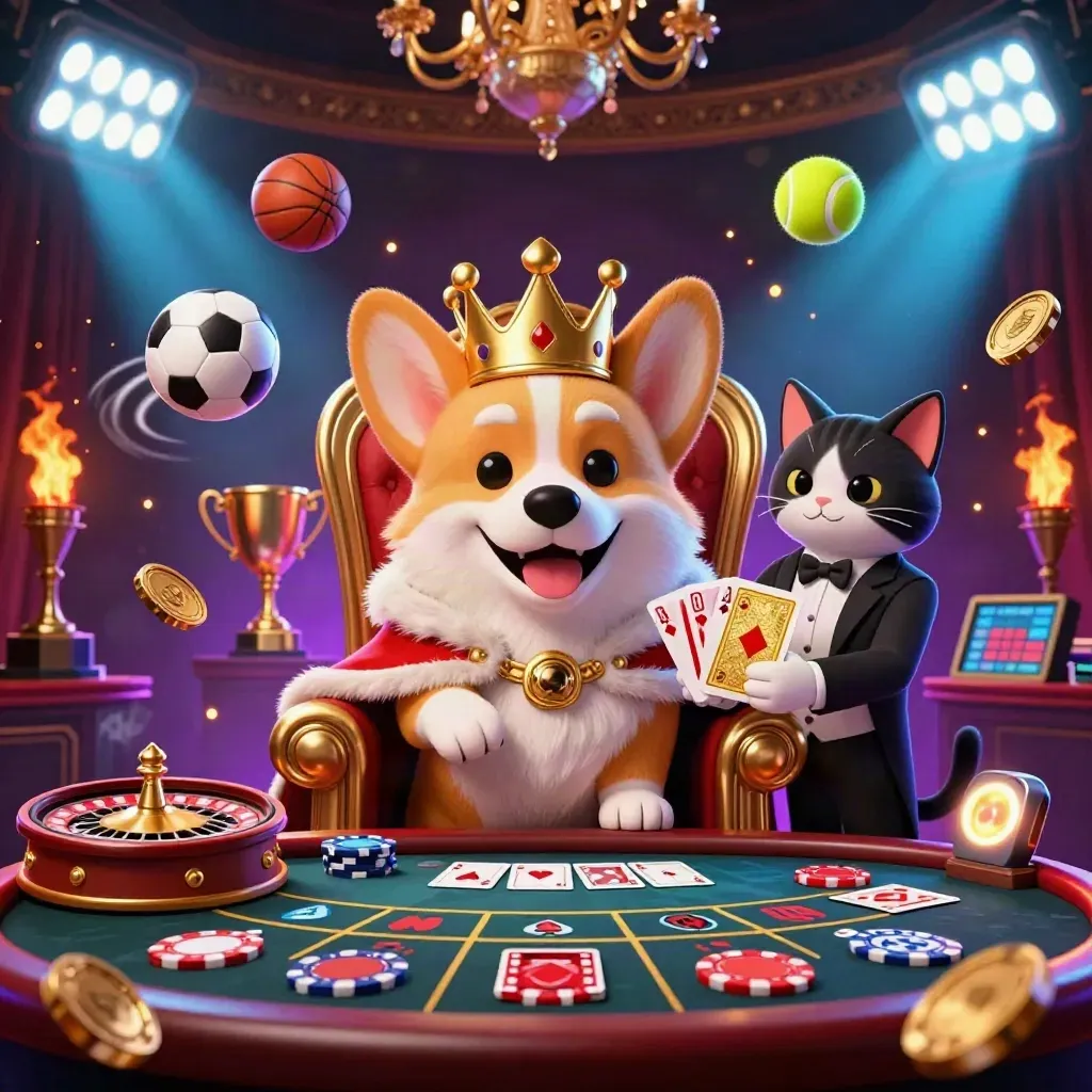 Corgi king and cat butler in a neon casino scene with sports balls, coins, lights, smoke, and gold glam.