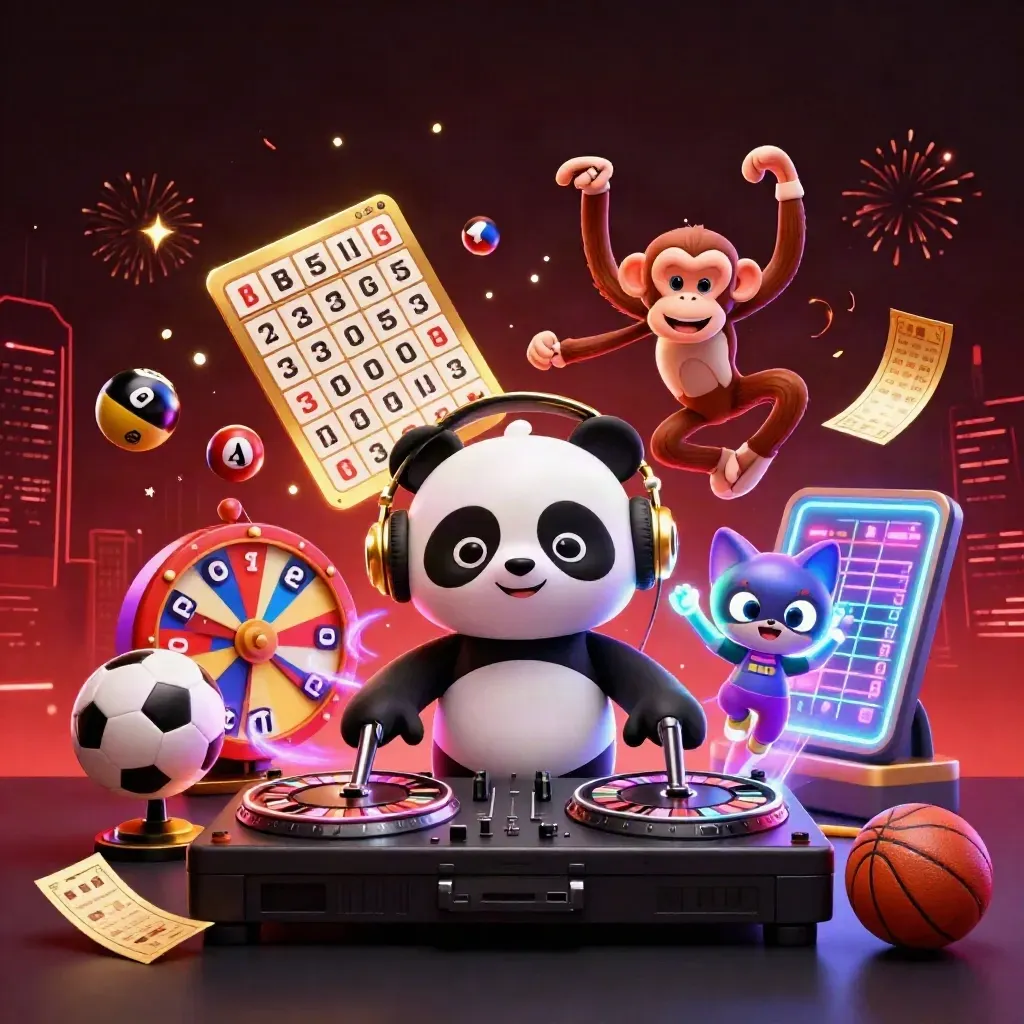 Neon casino cartoon panda, monkey, and kitten exploding with sports props, confetti, and city lights.