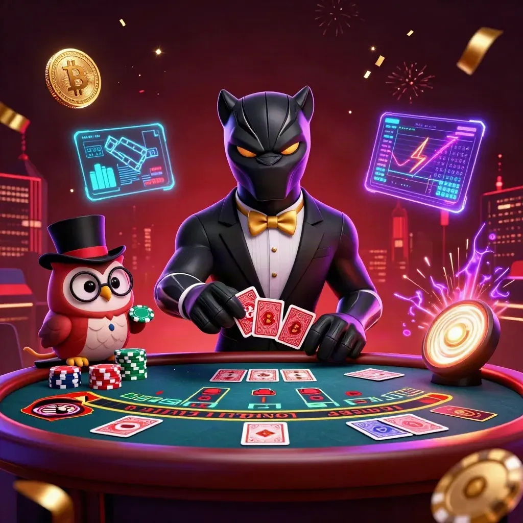 Panther, owl, and mouse in a neon casino with chips, coins, lightning, and a spinning roulette wheel