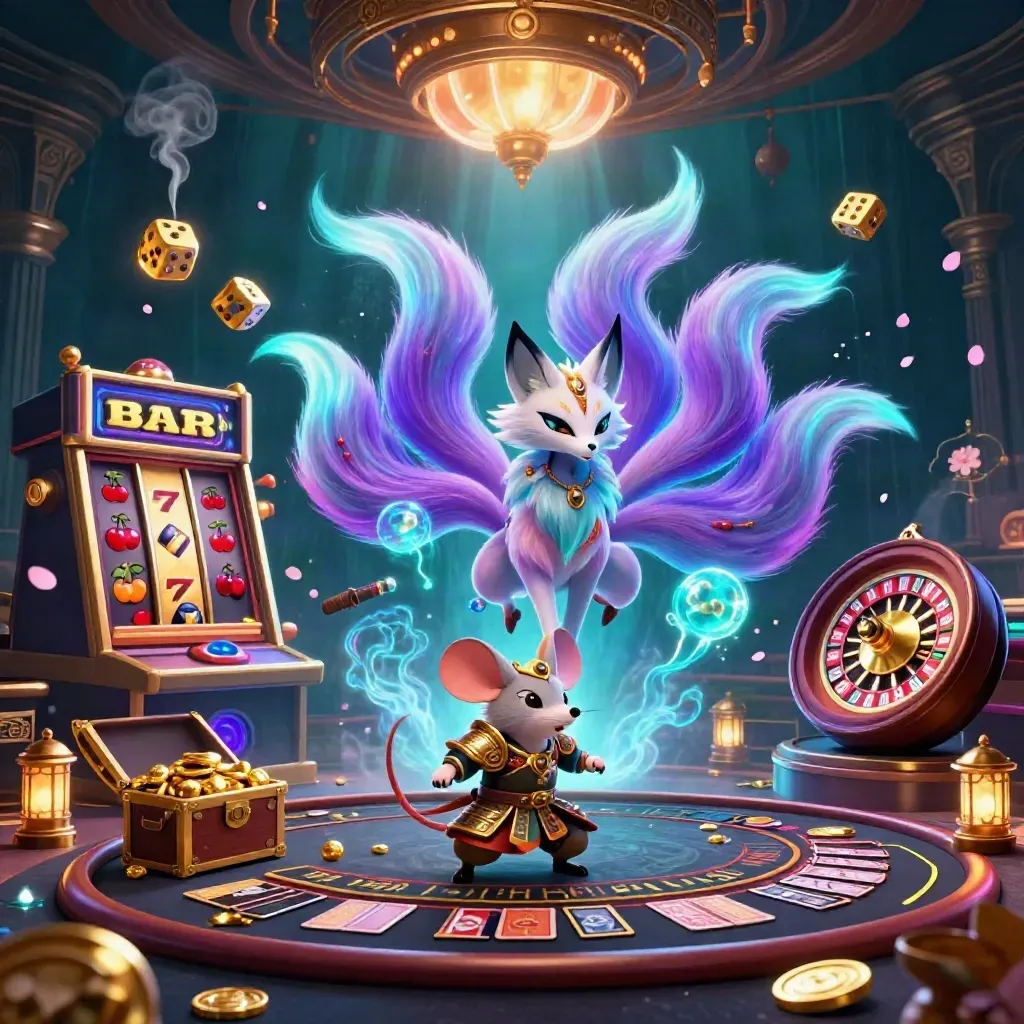 Fox spirit and armored mouse amid casino magic, slots, dice, roulette, gold, and neon light.