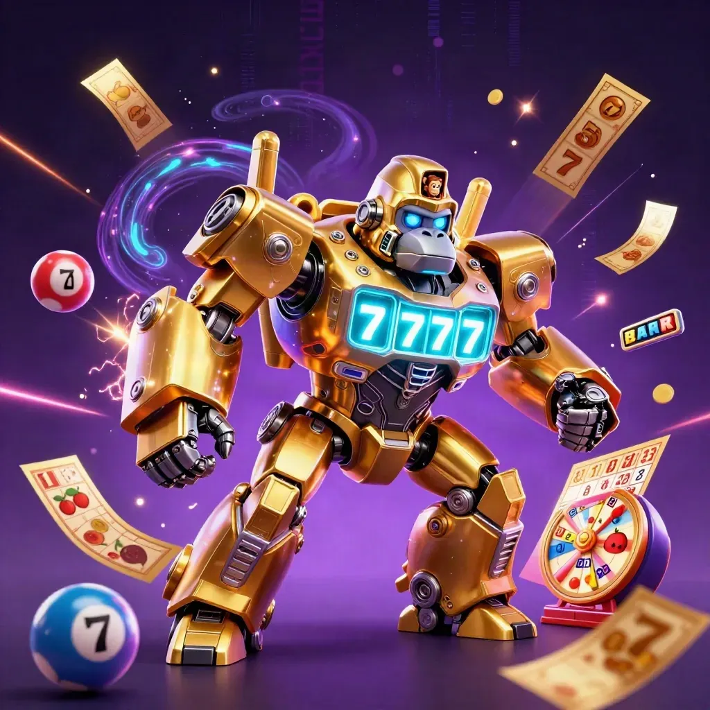 Golden gorilla mech with monkey pilot amid lottery balls, bingo card, prize wheel, tickets, and cyan energy.