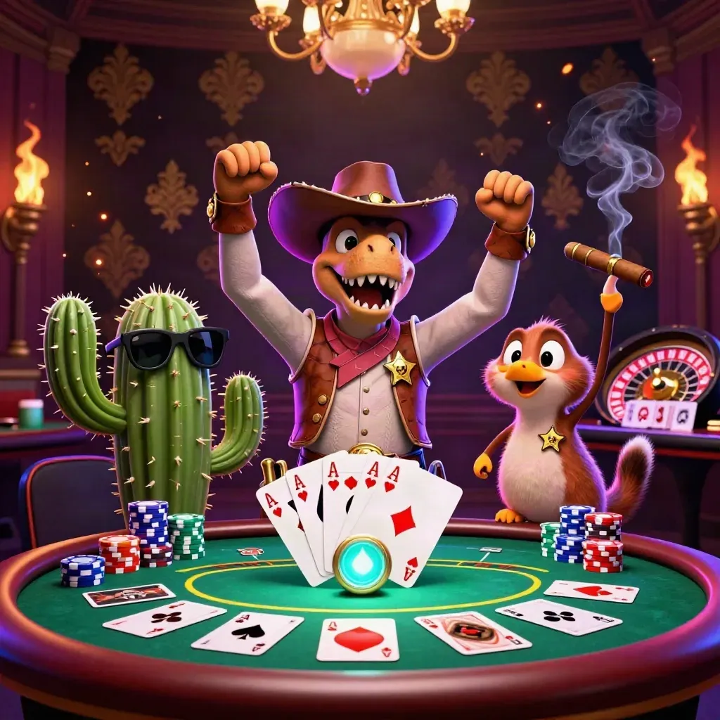 Cartoon T-Rex cowboy, cactus and roadrunner at a luxe casino table with chips and spinning roulette