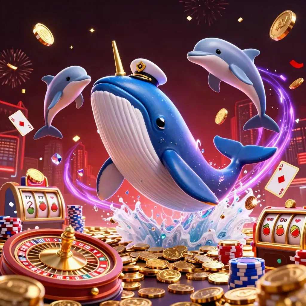 Whale captain, narwhal, and dolphins burst through coins with casino treasures and neon energy.