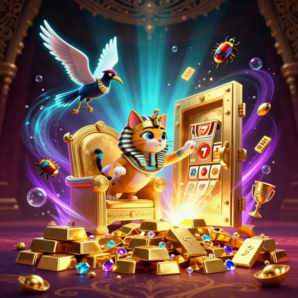 Pharaoh cat, ibis scribe, and gem-wing scarabs amid a vault blast and casino treasure.