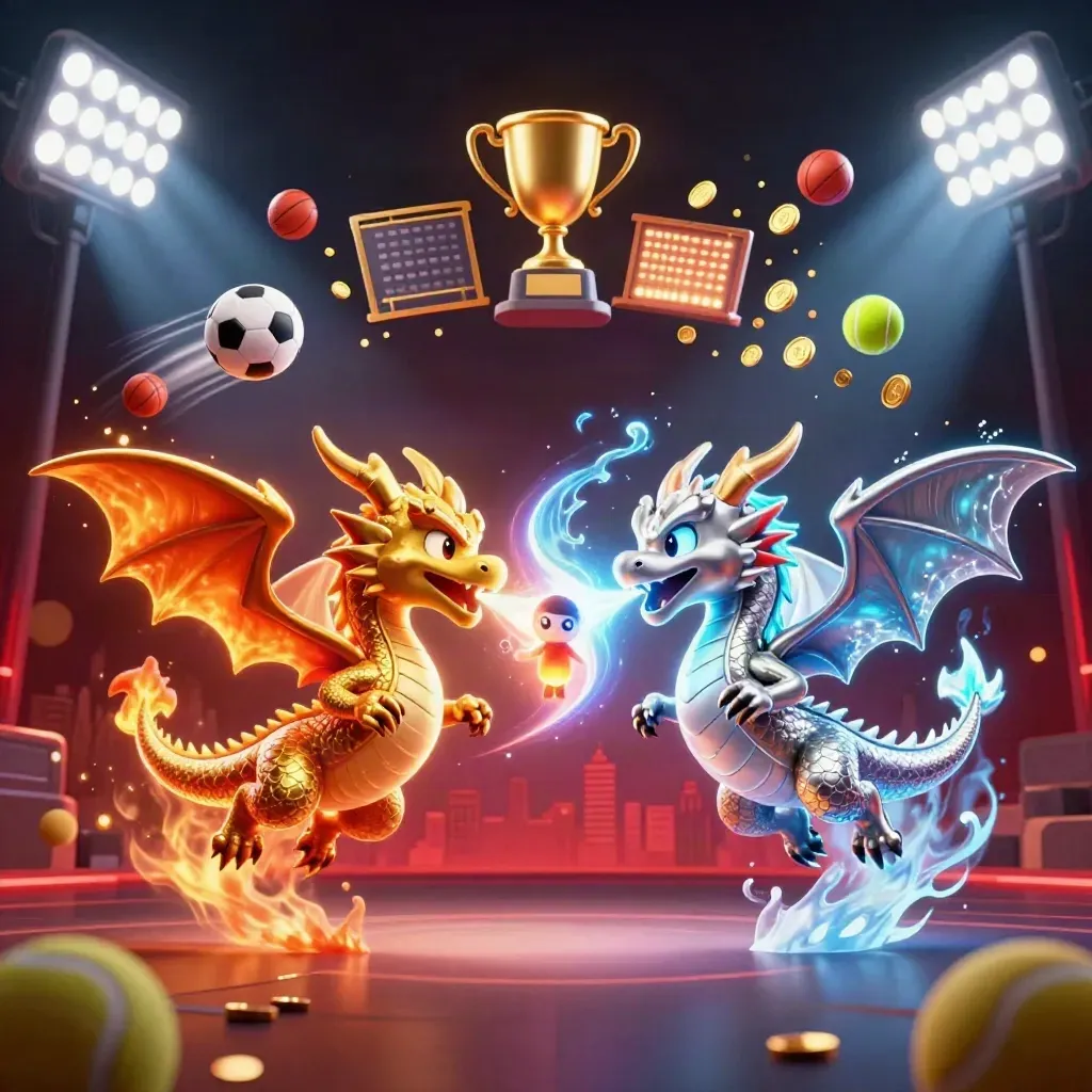 Twin gold and silver dragons spiral in fire and ice, with sports balls, trophy, and coins bursting around them.