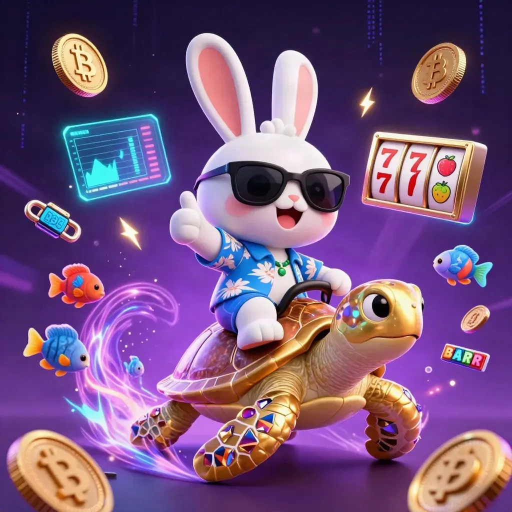 Cartoon rabbit on a gold turtle amid neon coins, fish, lightning, and casino symbols.