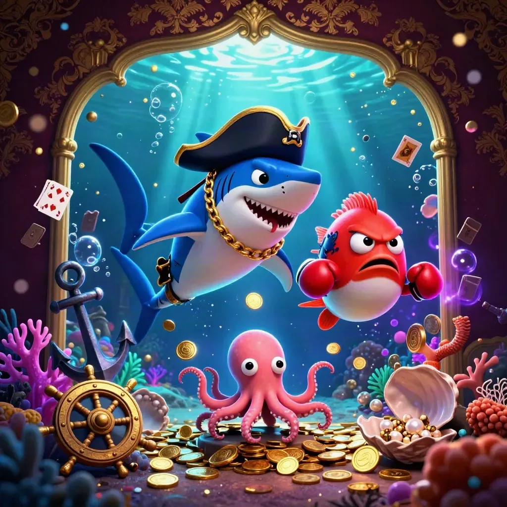 Shark pirate, boxing pufferfish, and juggling octopus amid treasure, coral, and glowing bubbles.