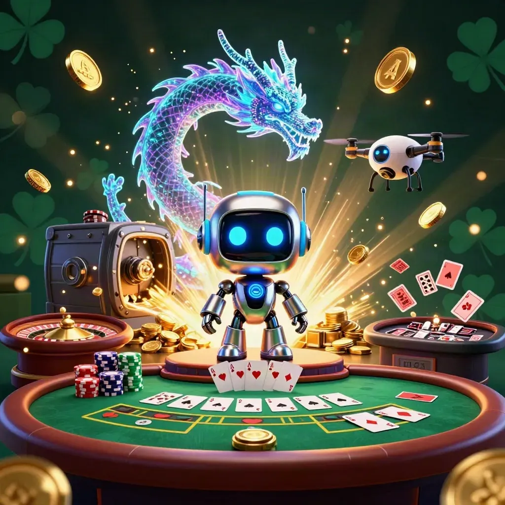 Cyberpunk robot, holographic dragon, and coin drone amid exploding vault, chips, cards, and fireworks