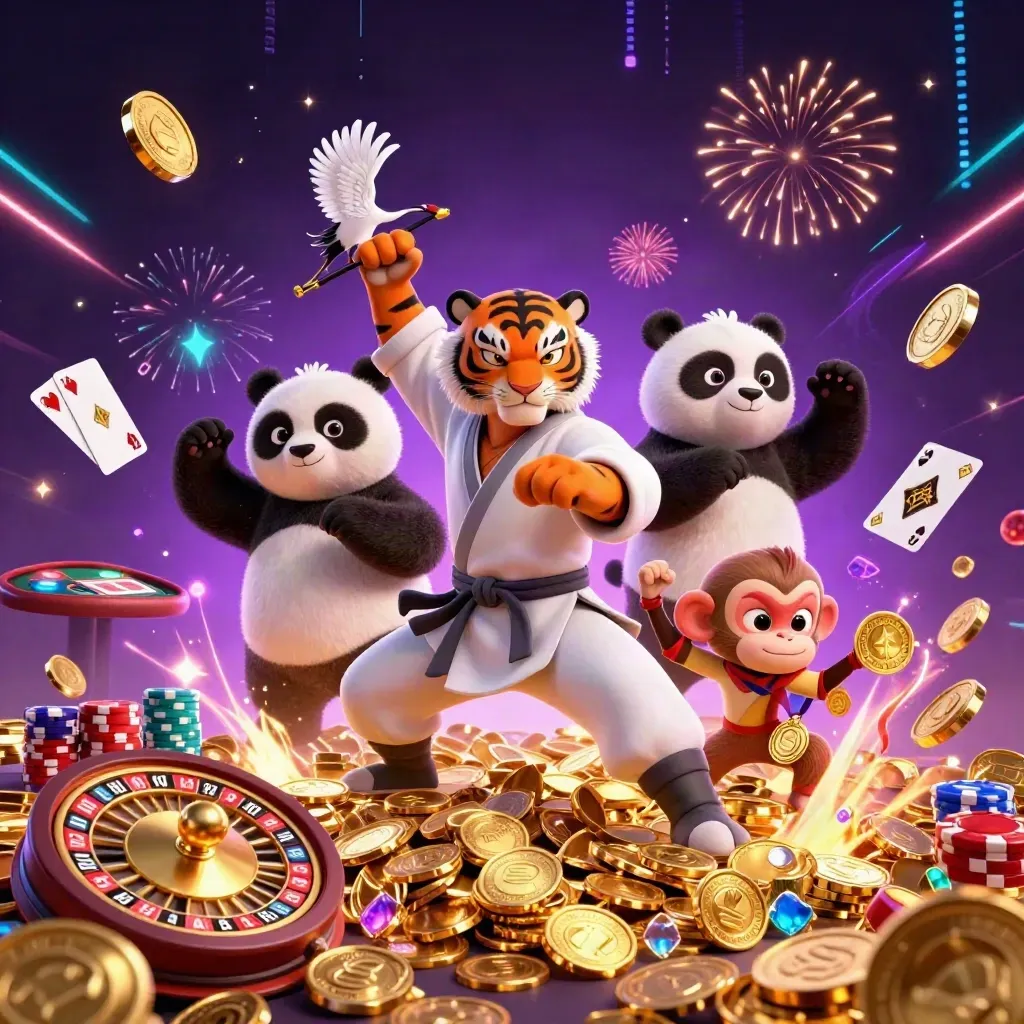 Kung-fu tiger, panda, and monkey amid coins, roulette wheel, chips, and neon casino energy.