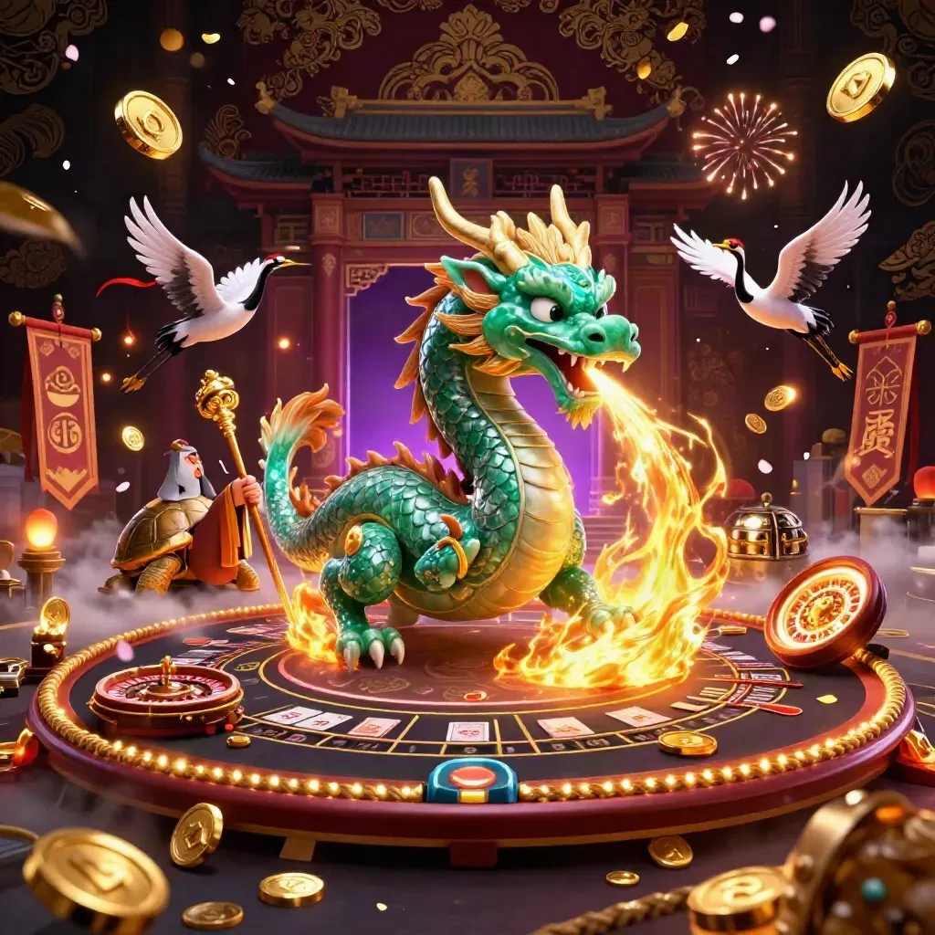 Emerald dragon, turtle sage and cranes amid bursting gold, casino props and fireworks on dark burgundy.