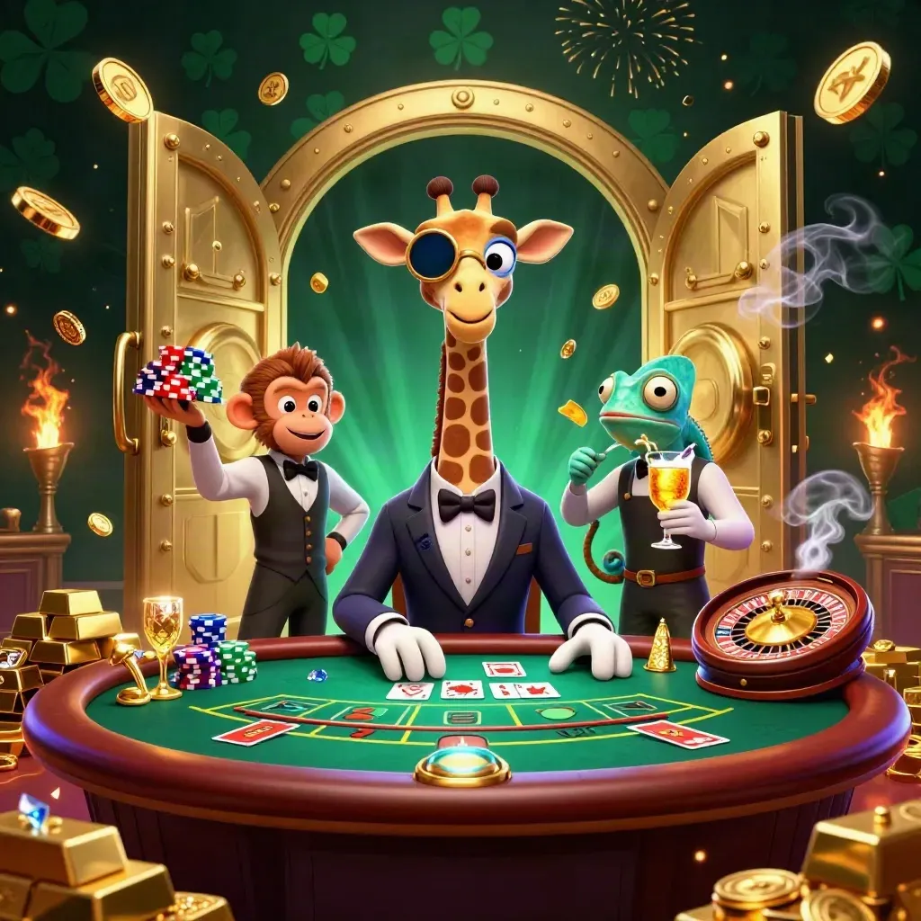Giraffe, monkey, and chameleon celebrate a vault burst of gold, gems, and casino lights.