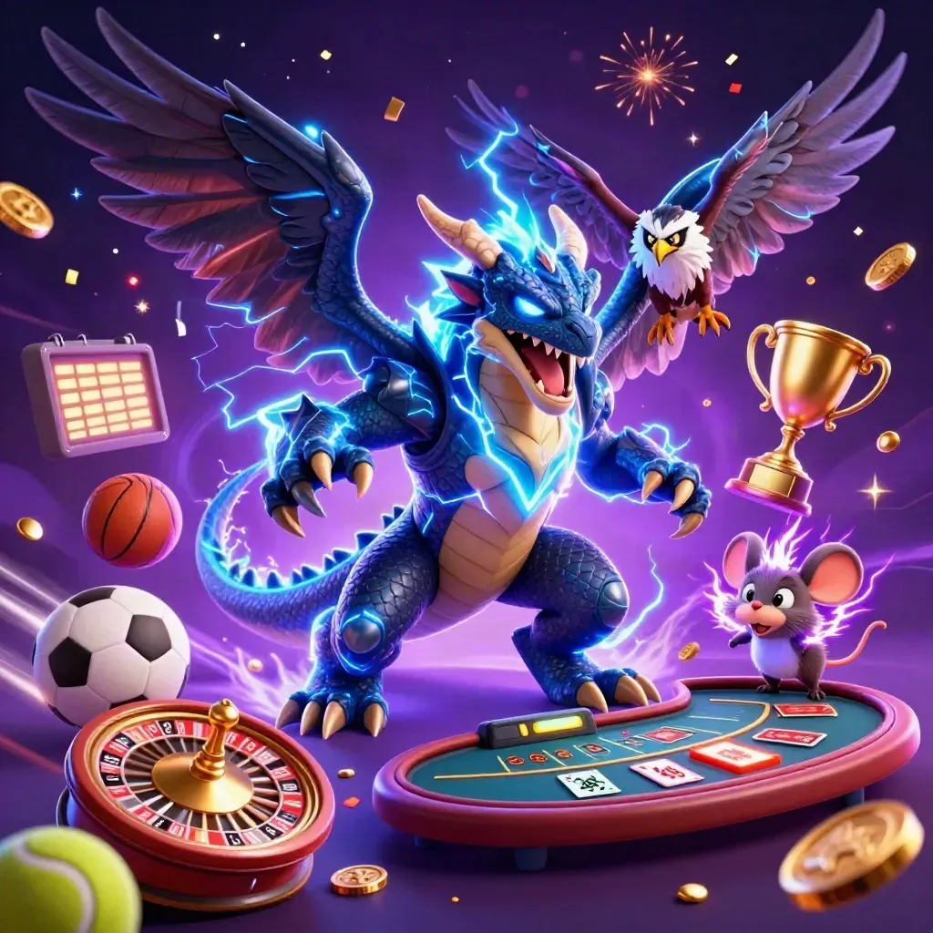 Thunder dragon, wind hawk, and electric mouse amid coins, sports balls, and casino effects.