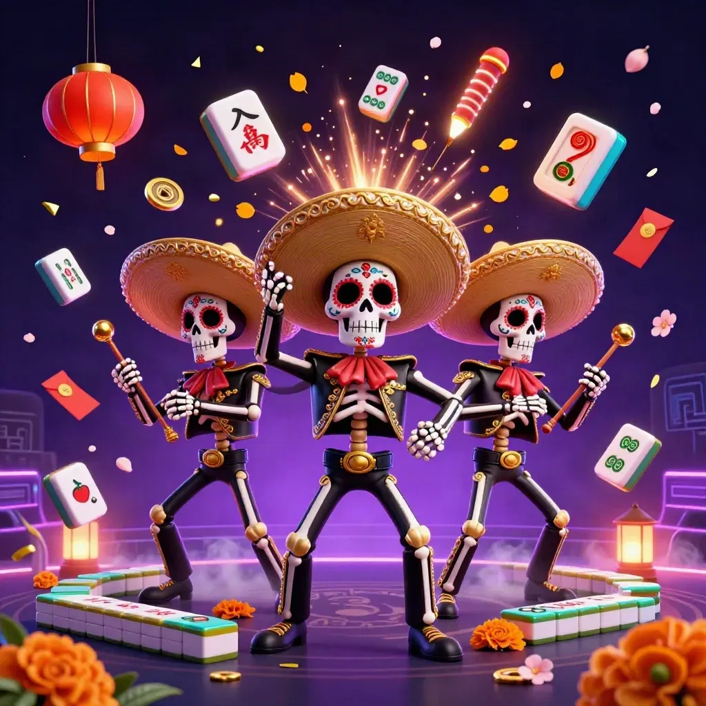 Skeleton mariachi trio in neon casino chaos with lanterns, coins, petals, and jackpot glow.