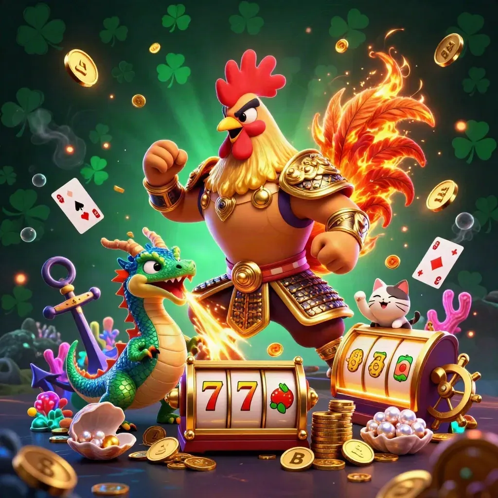 Rooster warrior, dragon hatchling and fortune cat amid gold coins in an emerald casino treasure cove