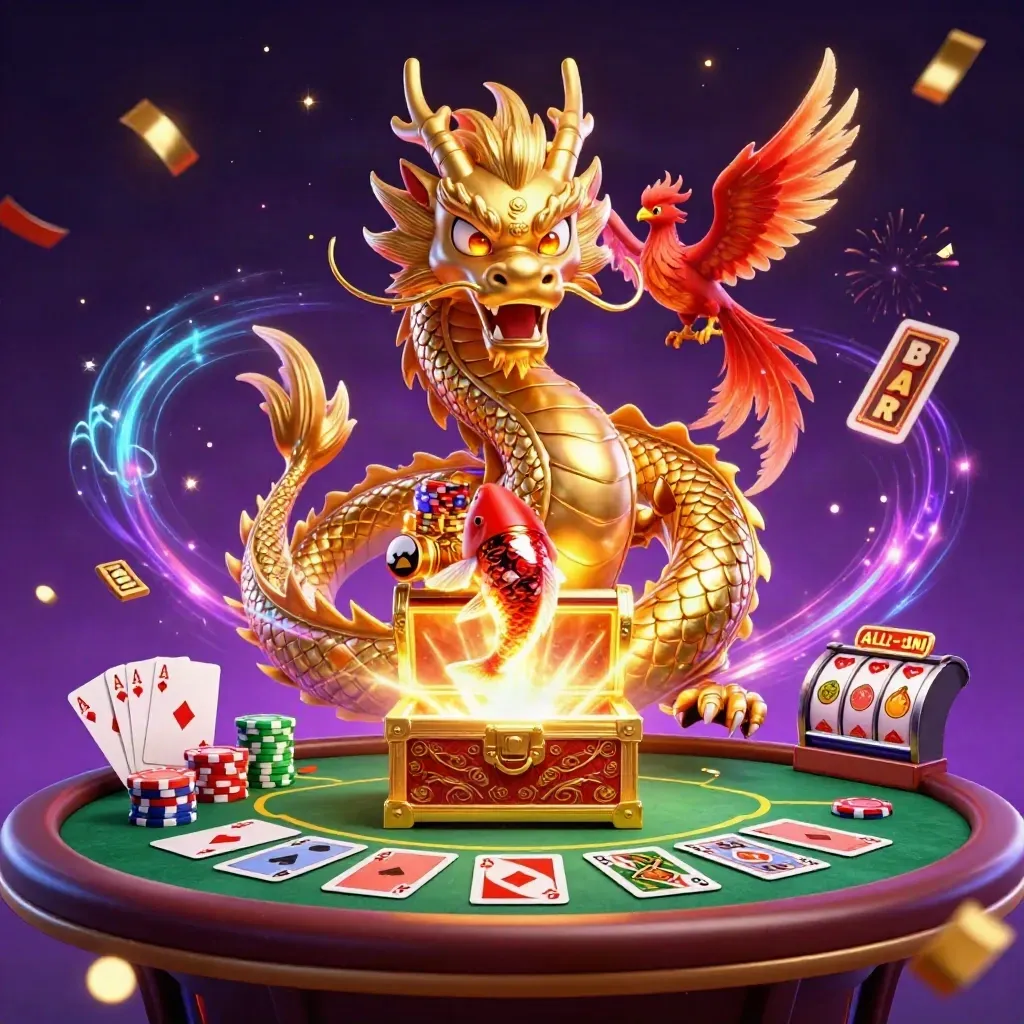 Golden dragon on chest with phoenix, koi, poker chips, cards, reels, and magical casino effects.