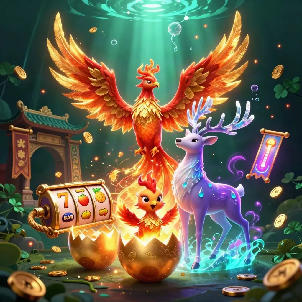 Phoenix, hatching chick, and crystal stag amid casino gold, reels, and neon glow.