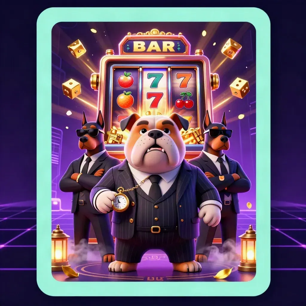 Cartoon bulldog mob boss with Doberman guards amid exploding slots and gold on a neon casino backdrop.