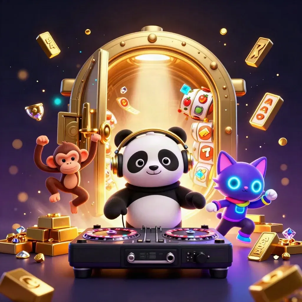 DJ panda, dancing monkey and rave kitten amid gold vault, reels and casino sparks.