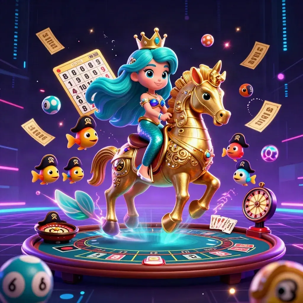 Mermaid princess rides a gold-armored seahorse amid casino reels, cards, coins, and neon sparks.