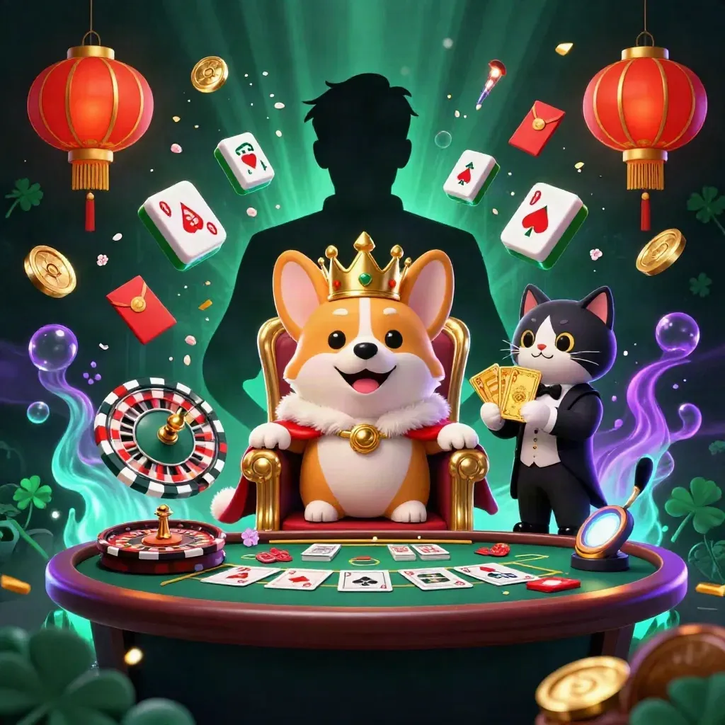 Royal corgi and cat butler amid casino chips, lanterns, coins, and neon glow.