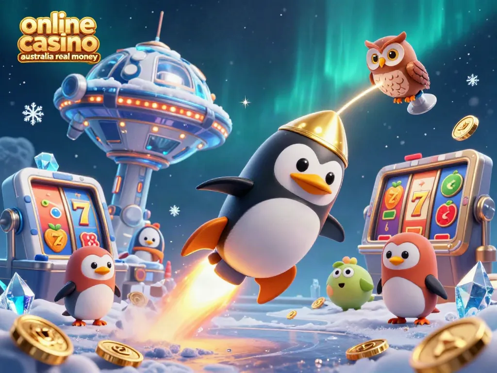 Experience the excitement of online casino Australia real money with a dynamic 3D penguin mascot navigating through a vibrant casino universe.