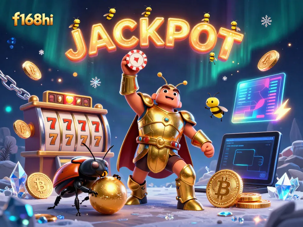 Celebrate wins with f168hi in a vibrant 3D casino scene featuring beetles and jackpots.