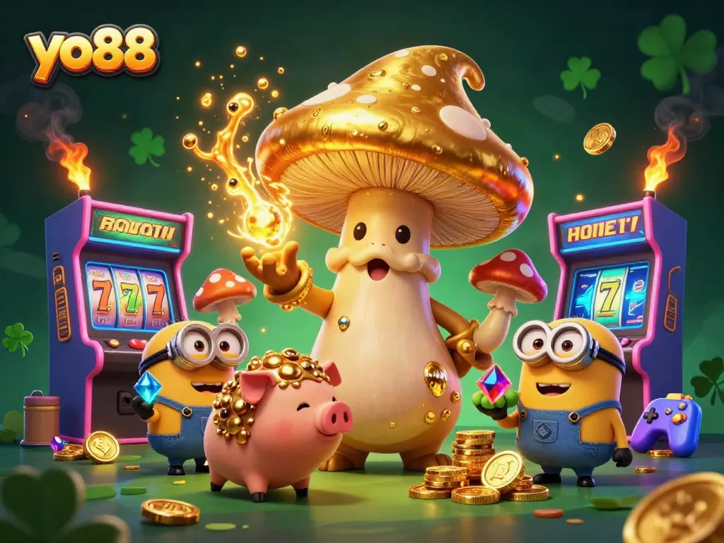 Experience the thrill of yo88 with a magical scene featuring a golden mushroom wizard and treasure-hunting pig.