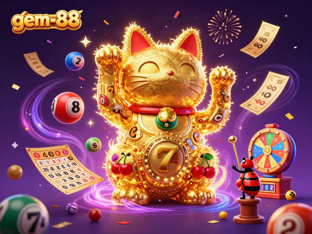 Experience excitement with gem-88 as golden fireflies form a lucky cat amidst dynamic casino symbols and colorful lottery elements.