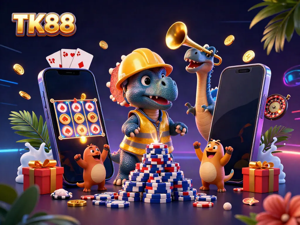Experience thrilling gaming at TK88 with an exciting scene of dinosaur characters building a poker chip tower amidst vibrant casino elements.