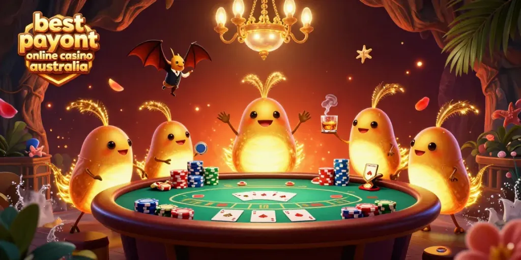Experience the thrill at the best payout online casino Australia with glowing characters lighting up a vibrant poker game.