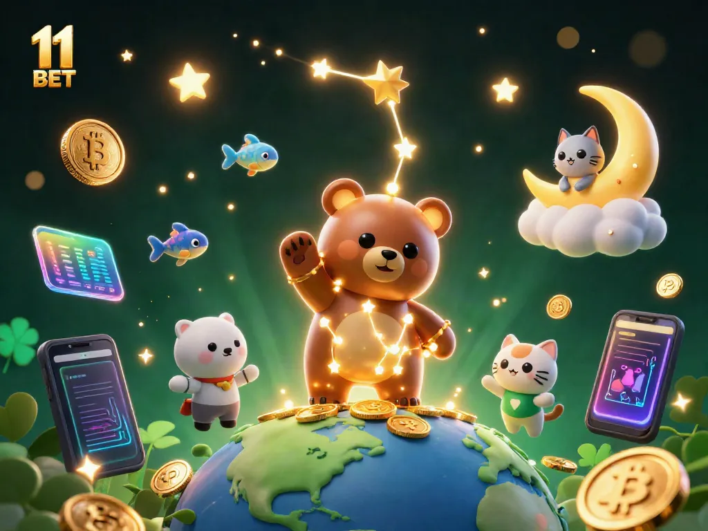 Join exciting gameplay with 11 BET, featuring a cosmic bear and shooting stars in an animated casino scene.