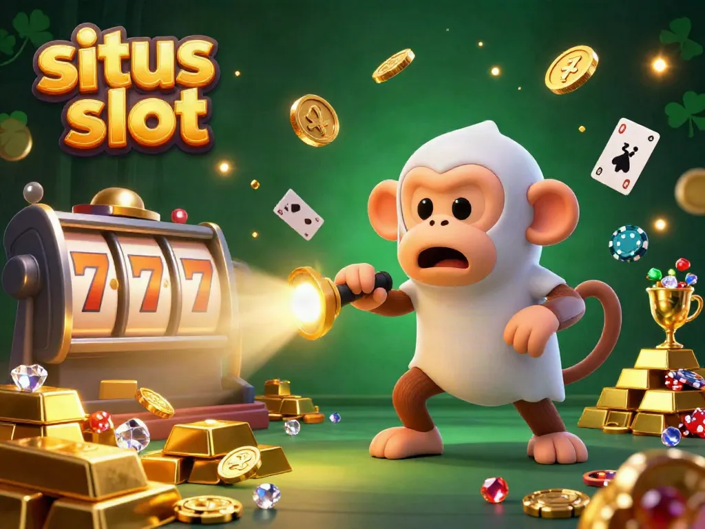 Experience the excitement of situs slot with a quirky poltergeist monkey and ghost-hunting puppy in a vibrant casino.