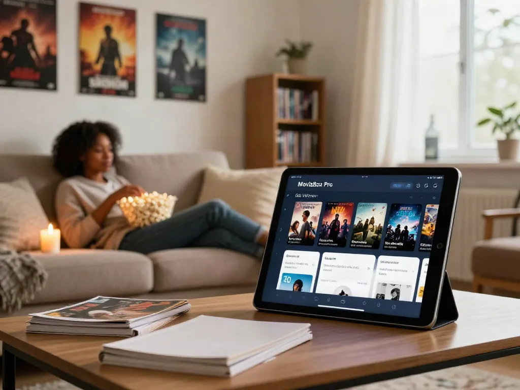 MovieBox Pro old version displayed on tablet in cozy living room